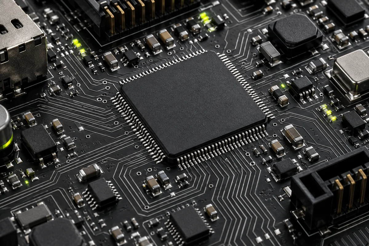 Imagem conceitual em macro de placa eletrônica com microcontrolador e circuitos de precisão